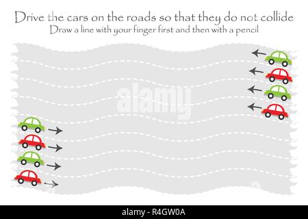 Conduire les voitures sur la route dans les deux directions, ondulé, fiche pratique de l'écriture pour les enfants de l'éducation préscolaire, de l'activité jeu d'enfants, feuille imprimable Illustration de Vecteur