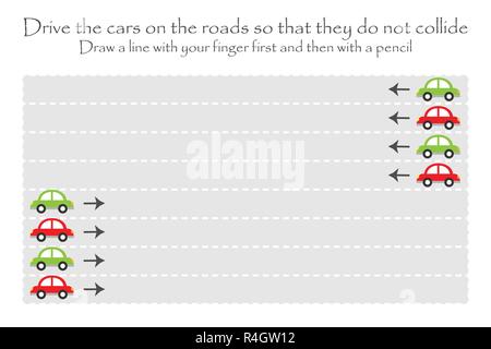 Conduire les voitures sur la route dans les deux sens, l'écriture, pour les enfants fiche pratique de l'activité d'enseignement préscolaire, enfants, jeu, l'IRG Feuille Imprimable Illustration de Vecteur