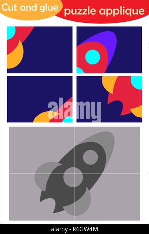 Rocket en cartoon style, jeu de puzzle pour le développement de l'éducation des enfants d'âge préscolaire, des ciseaux et de la colle pour créer l'appliqué, couper des parties du je Illustration de Vecteur