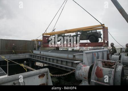 Les Marines américains affectés à 2'aile de l'exécution du système guide d'une grue de grande mobilité des véhicules à roues à bord du navire SS logistique aviation Wright (T-AVB-3), en préparation de stade 18 Trident à Morehead City, N.C., 28 septembre 2018. Trident stade fait partie d'une série d'exercices prévus pour améliorer les États-Unis et ses alliés de l'aptitude à collaborer ensemble pour mener des opérations militaires dans des conditions difficiles. Banque D'Images