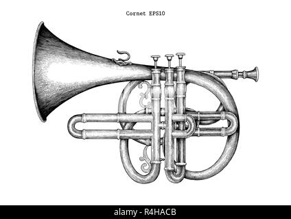 Cornet Vintage dessin gravure illustration,l'instrument de musique classique Illustration de Vecteur