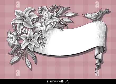 Fleurs de Lys dessin à la main vintage card sur fond rose Illustration de Vecteur
