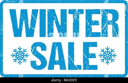 Vente d'hiver Blue Sceller les lettres avec Sowflakes isolé sur blanc. L'encre rouge Grunge Rubber Stamp Effet d'imitation. Illustration de Vecteur