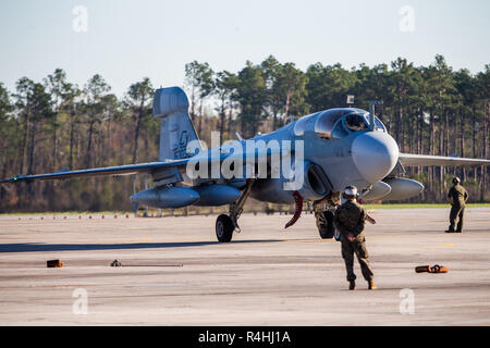 Un Corps des Marines américains EA-6B Prowler affectés à l'Escadron de Guerre électronique tactique maritime (VMAQ) taxis 2 l'axe de vol après son arrivée sur Marine Corps Air Station Cherry Point, en Caroline du Nord, le 17 novembre 2018. Marines avec VMAQ-2 retournés après un déploiement de sept mois à l'appui du commandement central des Etats-Unis au Moyen-Orient. VMAQ-2 est une partie de l'aéronef maritime Groupe 14, 2nd Marine Aircraft Wing. (U.S. Marine Corps photo par Lance Cpl. AliceaSantiago Jailine L.) Banque D'Images