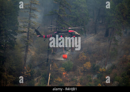 Un UH-60M de l'armée américaine d'hélicoptères Black Hawk co-piloté par le 1er lieutenant Vincent Sherrill de la Garde nationale de Californie 1er Bataillon d'hélicoptères d'assaut, 140e Régiment d'aviation, vole dans la Feather River Canyon avec un seau d'eau, le 16 novembre 2018, dans la région de comté de Butte, en Californie, lors d'une mission d'abandonner l'eau sur le feu de camp. Sherrill est un traditionnel garde qui fonctionne également comme un souscripteur d'assurance civile ; c'est sa première année aux commandes de forêt missions. Sont également à bord de l'Adjudant-chef pilote 5 Rob Metoyer et chef de l'équipe de Sgt. Gregory Fernandez, assis au bord de la cabine Banque D'Images