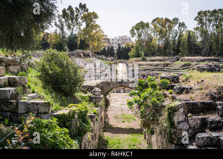 Amphithéâtre romain, Syracuse, Sicile, Italie, Europe. Banque D'Images