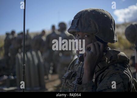 Lance le Cpl. Jacob Brown, un Marine d'artillerie, avec 3e Bataillon, 12e Régiment de Marines, communique les coordonnées pour le chef de section et d'autres marines dans ses sections d'artillerie pendant le programme de formation de réinstallation 18-3 Le 27 octobre 2018, sur le complexe de formation interarmes, Camp Fuji, au Japon. L'ARTP 18-3 permet aux Marines avec 3e Bataillon, 12e Régiment de Marines, 3e Division de marines, III Marine Expeditionary Force, basé sur du Camp Hansen Okinawa, Japon pour affiner leur compréhension de leur zone de travail. Brown est un natif du Bronx, New York. Banque D'Images