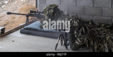 Un sniper de l'espagnol 4171 feux de bataillon de calibre .50 son fusil Barrett. Les tireurs d'élite du bataillon former leur adresse au tir près de Folldal au cours de l'exercice Trident Stade. Ils utilisent les Barrett calibre .50 Calibre .338 et l'exactitude de fusils de précision, tirant sur des cibles plus de 1,000 mètres. Le bataillon fait partie de la brigade Ariete italien et à 2018 en réserve des très haut degré de disponibilité Joint Task Force (VJTF) pour la Force de réaction de l'OTAN (NRF). Au total, quelque 50.000 soldats, 10.000 véhicules, 250 avions et 65 navires de 29 nations de l'OTAN et la Suède et la Finlande se p Banque D'Images