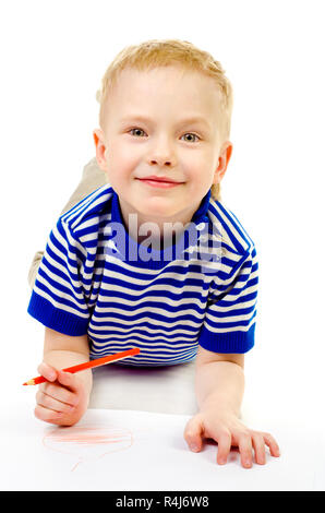 Petit garçon dessin photo isolé sur fond blanc Banque D'Images