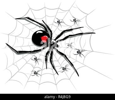 Illustration d'une araignée au-dessus d'une toile d'araignée, avec des petites araignées. Illustration de Vecteur