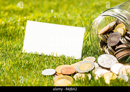 Les pièces au bocal en verre pour l'argent on Green grass Banque D'Images