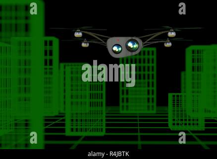 Copter réaliste avec des appareils survolant la ville virtuelle 3d illustration Banque D'Images