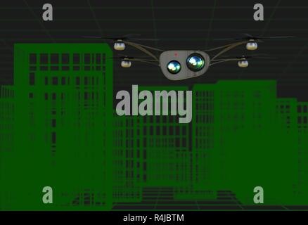 Copter réaliste avec des appareils survolant la ville virtuelle 3d illustration Banque D'Images