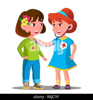 Peu de jeunes filles, jouant Doctor with Stethoscope vecteur. Cartoon illustration isolé Illustration de Vecteur