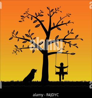 Garçon silhouette sur la balançoire avec son chien Illustration de Vecteur