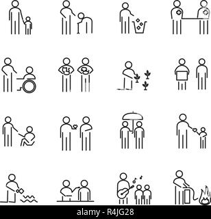 La responsabilité sociale des personnes fine ligne icon set vecteur. La RSE Projet de charité pour aider les gens du monde d'un concept. Signe et symbole thème. Whit Illustration de Vecteur