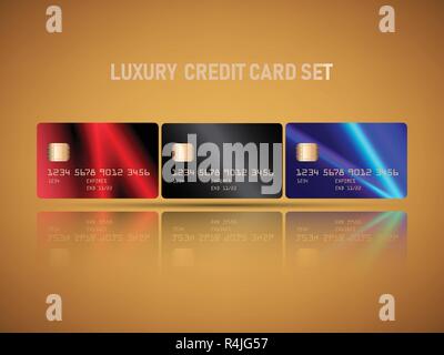 Vecteur de cartes de crédit réaliste avec lumière luxe flare rouge et bleu couleurs abstract design arrière-plan. Illustration de Vecteur