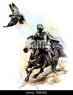 La chasse au faucon. L'homme arabe avec un Falcon et un cheval Illustration de Vecteur