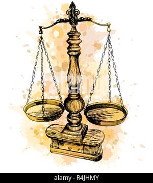 Vintage ancien barème, échelles, du droit une touche d'aquarelle, croquis dessinés à la main. Symbole de justice Illustration de Vecteur