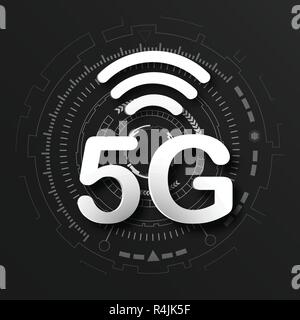5G cellulaire mobile communication logo noir fond avec la ligne du réseau mondial de transmission lien. La transformation numérique et la technologie concept. Mass Illustration de Vecteur