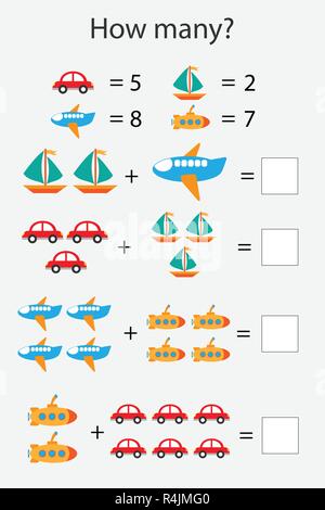 Combien de jeu de compte avec transports pour les enfants, de l'Éducation groupe de mathématiques pour le développement de la pensée logique, de l'activité Feuille d'âge préscolaire, compter un Illustration de Vecteur