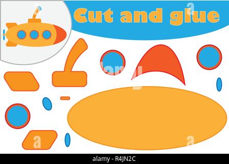 Sous-marin dans un style cartoon, l'éducation jeu pour le développement d'enfants d'âge préscolaire, des ciseaux et de la colle pour créer l'appliqué, couper des parties du je Illustration de Vecteur