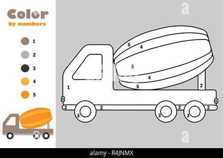 Bétonnière à cartoon style, couleur, en nombre, de l'éducation jeu de papier pour le développement de l'enfant, coloriage, pour les enfants, activité préscolaire printa Illustration de Vecteur