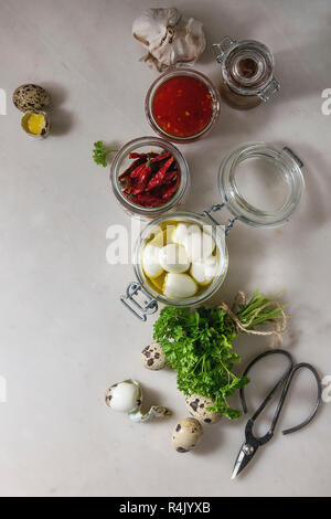 Ingrédients pour des oeufs de caille marinés au vinaigre. Oeufs durs à l'huile d'olive, sauce tomate, piments en pots, persil frais, des ciseaux sur whi Banque D'Images