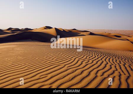 Sand dunes in desert landscape. Wahiba Sands, Sultanat d'Oman. Banque D'Images