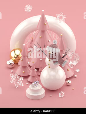 L'or rose 3D illustration avec Bonhomme et décoré les arbres de Noël. Banque D'Images