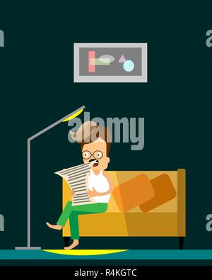 Man reading newspaper. Vector illustration cartoon télévision. L'homme est assis sur une table en salle d'étude. Illustration de Vecteur