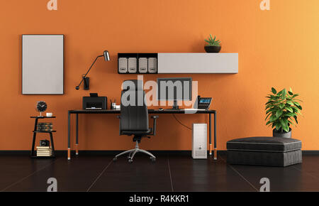 Orange et noir avec bureau à domicile bureau minimaliste avec rendu 3d - pc Banque D'Images