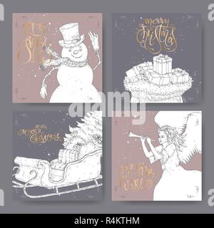 Ensemble de quatre bannières avec lettrage contour pinceau accueil, showman, Angel, un traîneau avec arbre de Noël et des sacs-cadeaux. Illustration de Vecteur