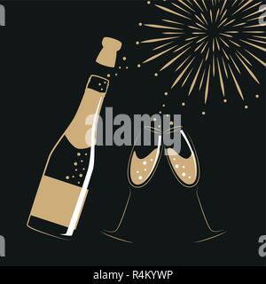 Bouteille de champagne et verres firework pour partie et célébration vector illustration EPS10 Illustration de Vecteur