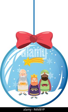 Crèche de Noël sages avec shooting star icône ronde bal de Noël et ruban rouge cartoon vector illustration graphic design Illustration de Vecteur