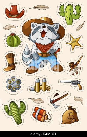 Western wild west art stickers set. Pistolet, des balles, cactus et beaucoup d'autres articles Illustration de Vecteur