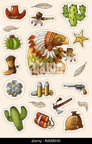 Western wild west art stickers set. Pistolet, des balles, cactus et beaucoup d'autres articles Illustration de Vecteur