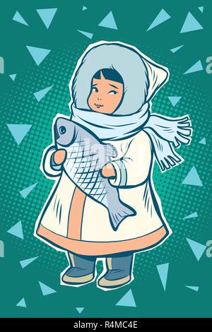 Le nord de l'enfant autochtone avec des poissons, costume national. Eskimo Inuit Tchouktches. Comic cartoon retro pop art dessin illustration vectorielle Illustration de Vecteur