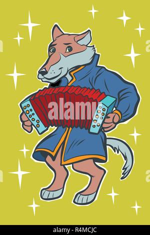 Wolf joue de l'harmonica accordéon. caractère féerique. Comic cartoon retro pop art dessin illustration vectorielle Illustration de Vecteur