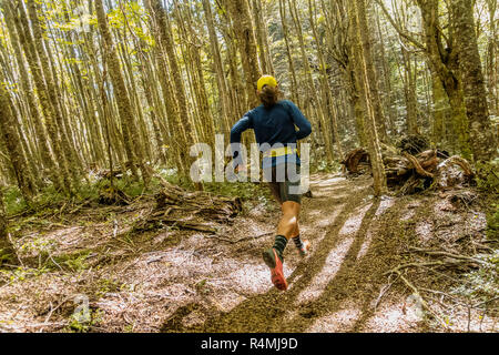 Athlète exécute sur un sentier dans la réserve nationale d'Aysen Coyhaique en Patagonie, au Chili. Banque D'Images