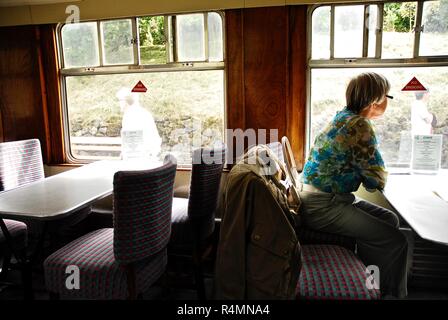 Une passagère regarde par la fenêtre d'un wagon de chemin de fer sur la Loire et le chemin de fer à vapeur du Warwickshire, Royaume-Uni Banque D'Images