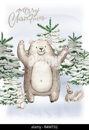 Cute cartoon forêt bois de Noël le raton laveur, le caractère animal de l'ours. Ensemble d'hiver Carte de nouvel an Banque D'Images