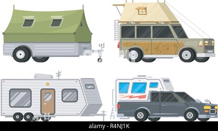 Bandes-annonces ou de la famille RV camping caravane. Bus touristique et une tente pour les loisirs de plein air et les voyages. Maison mobile chariot. Location de Suv Crossover. Transport touristique, voyage sur la route, les véhicules de plaisance. Illustration de Vecteur