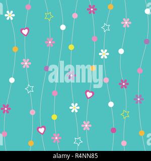 Coeurs, des fleurs, des points et des étoiles avec des lignes courbes sur fond bleu turquoise Illustration de Vecteur