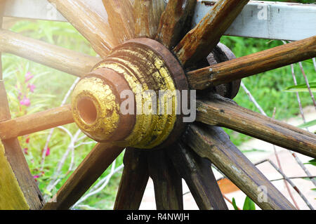 Vintage panier roue / vieille roue en bois antiquités dans le parc Banque D'Images