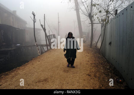 Srinagar, Jammu-et-Cachemire, en Inde. 27 Nov, 2018. Une femme marche du Cachemire au cours d'un jour brumeux froid à Srinagar, la capitale d'été du Cachemire indien. Credit : Masrat Zahra/ZUMA/ZUMAPRESS.com/Alamy fil Live News Banque D'Images