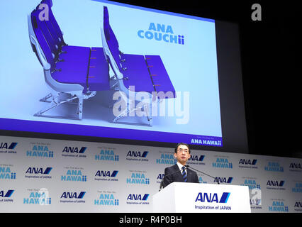 Tokyo, Japon - du plus important transporteur aérien japonais All Nippon Airways (ANA), Yuji Hirako annonce le lancement de services du Japon le premier Airbus A380 Jetliner à Tokyo le Mardi, Novembre 27, 2018. ANA va lancer l'A380 pour Narita. 27 Nov, 2018. Route d'Honolulu le 24 mai 2019. Credit : Yoshio Tsunoda/AFLO/Alamy Live News Banque D'Images