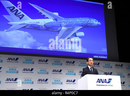 Tokyo, Japon - du plus important transporteur aérien japonais All Nippon Airways (ANA), Yuji Hirako annonce le lancement de services du Japon le premier Airbus A380 Jetliner à Tokyo le Mardi, Novembre 27, 2018. ANA va lancer l'A380 pour Narita. 27 Nov, 2018. Route d'Honolulu le 24 mai 2019. Credit : Yoshio Tsunoda/AFLO/Alamy Live News Banque D'Images
