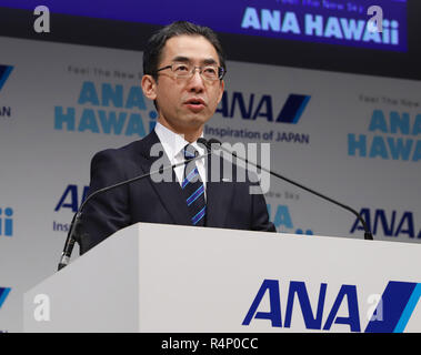 Tokyo, Japon - du plus important transporteur aérien japonais All Nippon Airways (ANA), Yuji Hirako annonce le lancement de services du Japon le premier Airbus A380 Jetliner à Tokyo le Mardi, Novembre 27, 2018. ANA va lancer l'A380 pour Narita. 27 Nov, 2018. Route d'Honolulu le 24 mai 2019. Credit : Yoshio Tsunoda/AFLO/Alamy Live News Banque D'Images