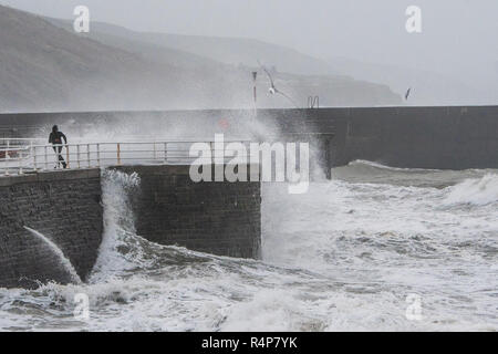 Pays de Galles Aberystwyth UK, 28 Nov 2018. Météo France : Diana, avec le renforcement des vents jusqu'à 60 ou 70 mph, continue à jeter des vagues énormes défenses contre la mer à Aberystwyth, sur la côte ouest de la Baie de Cardigan au Pays de Galles. Le Met Office britannique a émis un avertissement jaune pour vent aujourd'hui et demain pour la partie ouest des îles Britanniques, avec le risque de dommages à la propriété et susceptibles de perturber les déplacements. crédit photo Keith Morris / Alamy Live News Banque D'Images